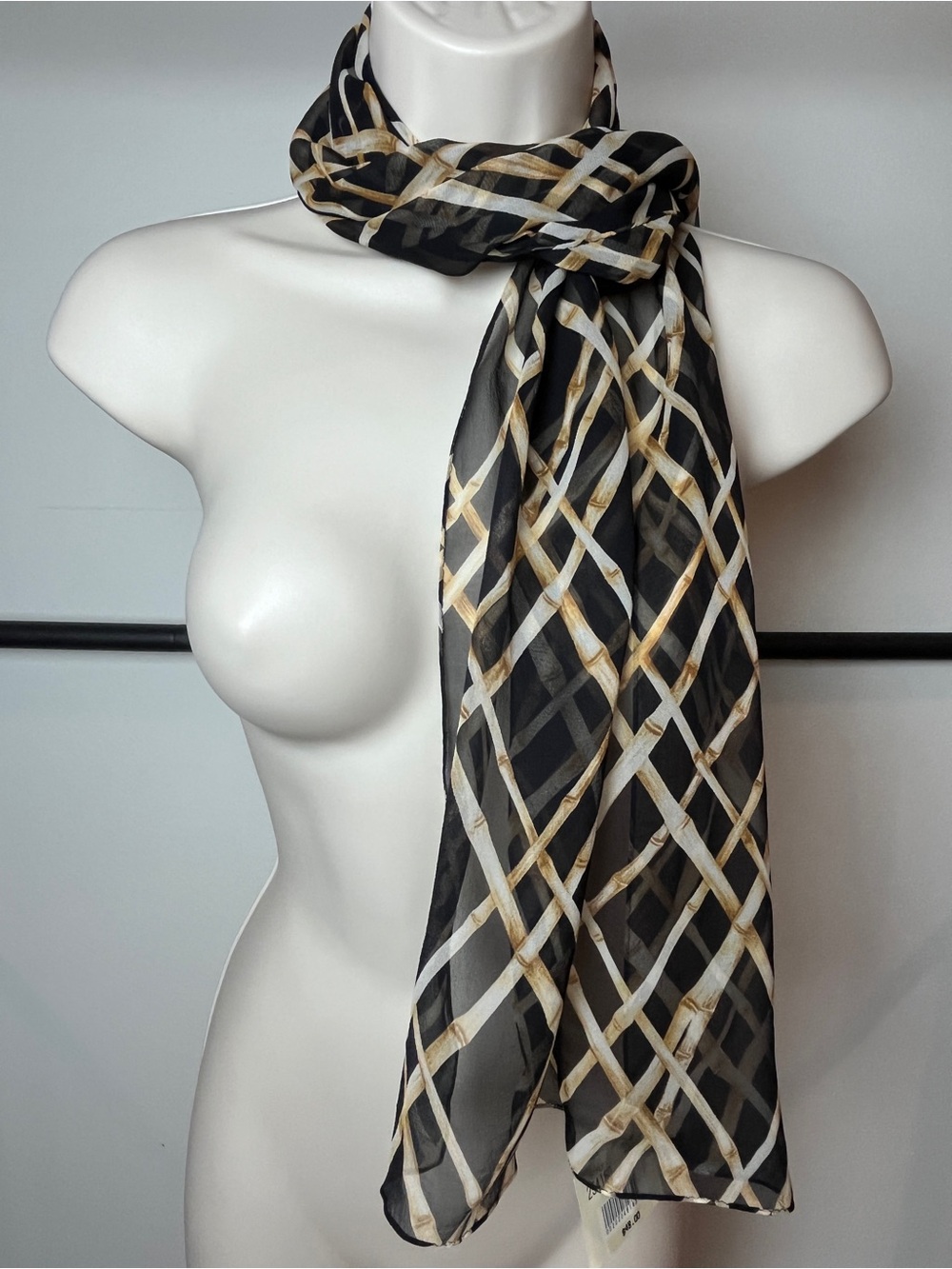 Sheer Silk Scarf Black Lattice Print Bamboo Casual Classic Minimalist NWT
